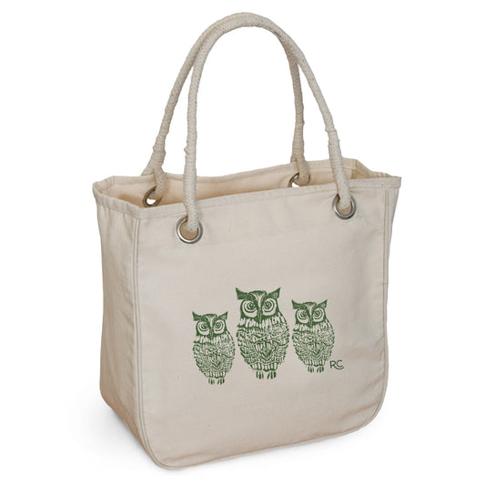 The Hooty Owls Rope Tote by Rustic County is an eco-friendly organic cotton bag with sturdy rope handles and a green owl illustration featuring "RC" initials, blending style and sustainability.