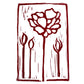 The "Inked Petals Handmade Stamp Art" by Rustic County features a large, stylized flower with abstract petals and a tall stem, surrounded by four smaller, bud-like shapes. This custom piece is crafted in bold maroon lines against a white background.