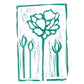 The "Inked Petals Handmade Stamp Art" by Rustic County features a teal linocut print of a tall stylized flower with a large bloom and three smaller buds on stems. This custom piece, with its textured background that adds a rustic effect, is ideal for those who appreciate unique art pieces.