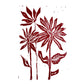 The Sunflowers Handmade Stamp Art from Rustic County features a handcrafted red linocut print of three stylized flowers with elongated petals and leaves, arranged vertically. Two taller blooms stand on the right while a shorter one is on the left. This unique piece contrasts beautifully against a white background, reminiscent of Sunflower Stamp Art, accentuating its floral charm.
