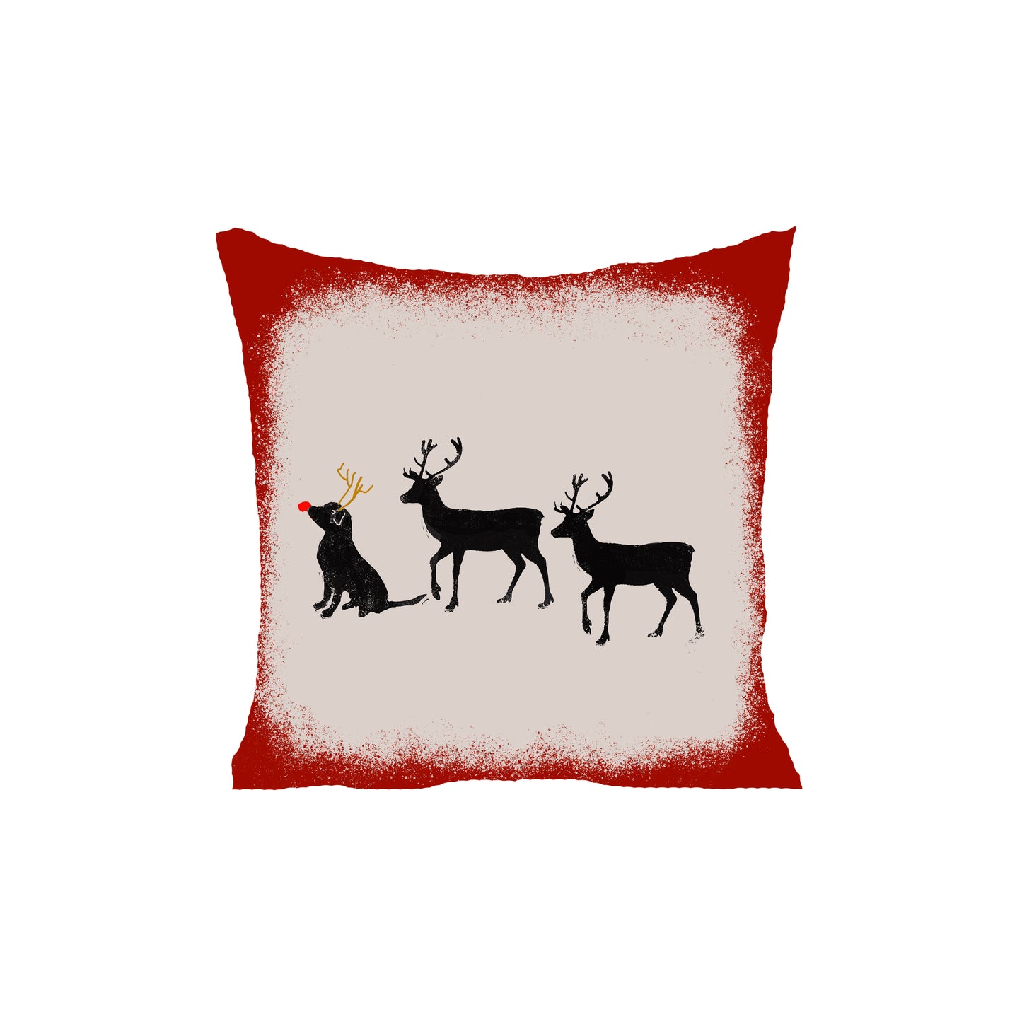 The Rustic County Rudolph The Reindog Throw Pillow features a cotton design with a red border, tan center, two black reindeer, and a playful black dog with antlers and a red nose—perfect for festive holiday decor.