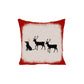The Rudolph the Reindog Throw Pillow by Rustic County features two black reindeer facing a black dog with antlers and a red nose—perfect for dog lovers wanting a playful holiday accent.
