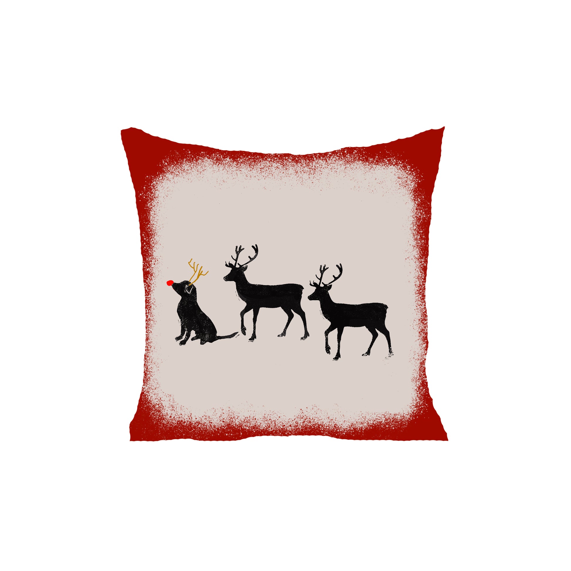 The Rudolph the Reindog Throw Pillow by Rustic County features two black reindeer facing a black dog with antlers and a red nose—perfect for dog lovers wanting a playful holiday accent.