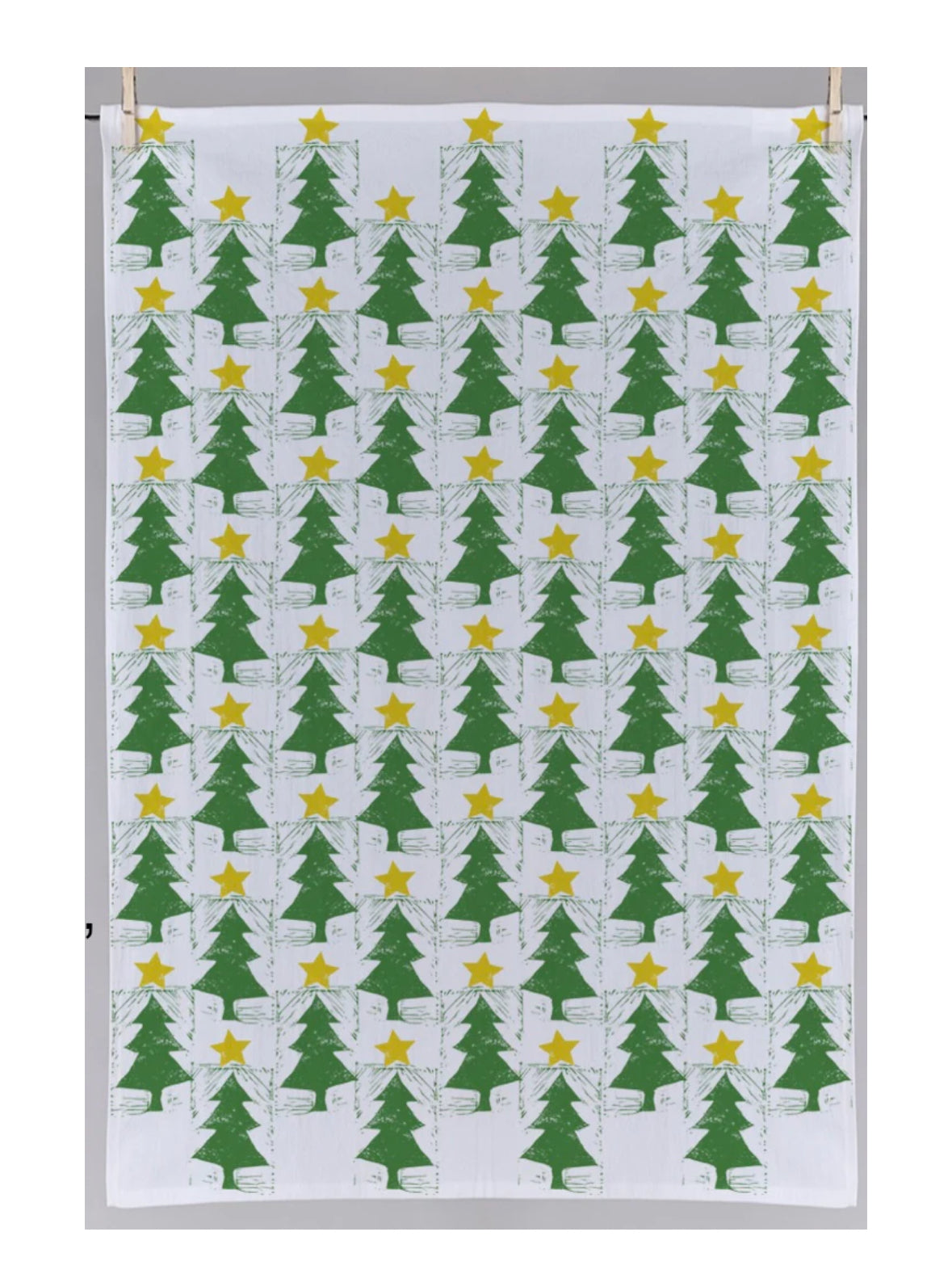The Treetop Star Tea Towel by Rustic County is a white cloth adorned with a grid of green Christmas trees, each crowned with a yellow star.