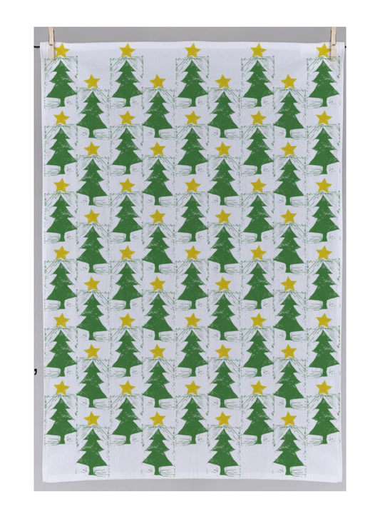 The Treetop Star Tea Towel by Rustic County is a white cloth adorned with a grid of green Christmas trees, each crowned with a yellow star.