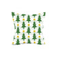 The Rustic County Treetop Star ⭐️ Throw Pillow features green Christmas trees and yellow stars in a grid on white, with a slightly distressed cotton texture—perfect for modern holiday decor.