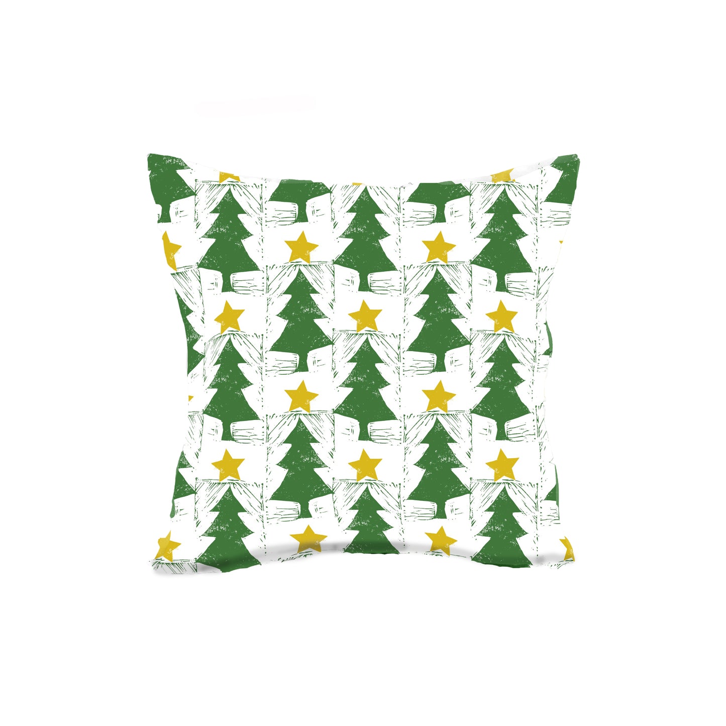 Add a festive touch to your home with the Treetop Star ⭐️ Throw Pillow by Rustic County, featuring a modern grid of green Christmas trees and yellow stars on white cotton.