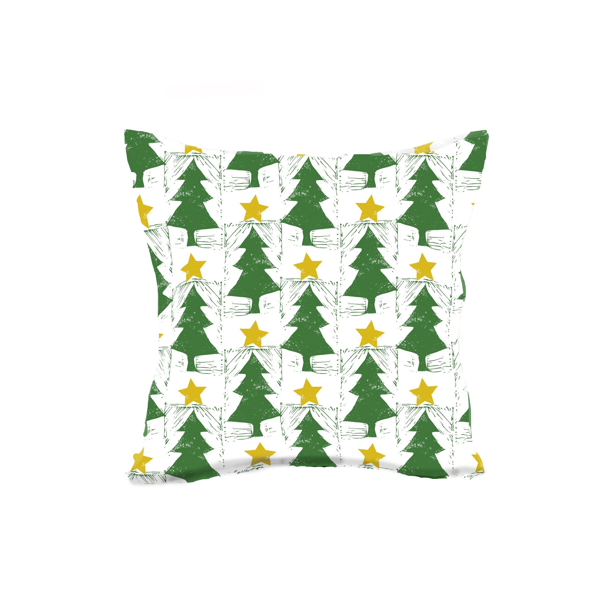 Add a festive touch to your home with the Treetop Star ⭐️ Throw Pillow by Rustic County, featuring a modern grid of green Christmas trees and yellow stars on white cotton.