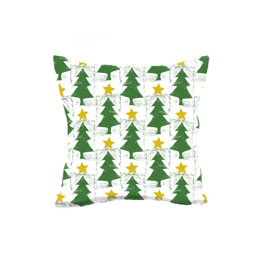 Add a festive touch to your home with the Treetop Star ⭐️ Throw Pillow by Rustic County, featuring a modern grid of green Christmas trees and yellow stars on white cotton.